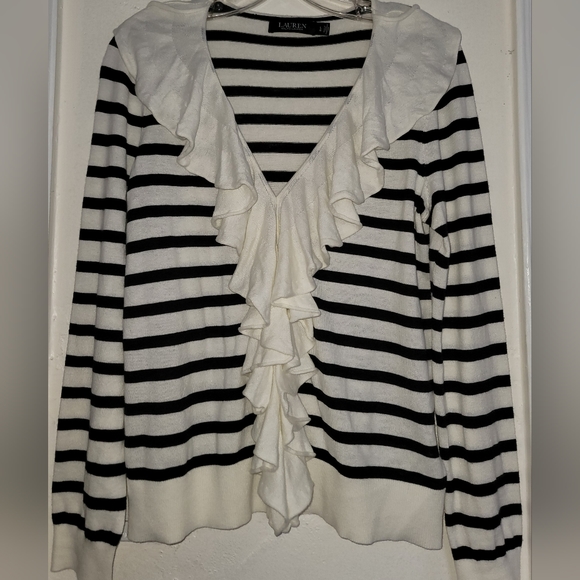 Lauren Ralph Lauren Ivory Polo Black Striped Ruffle Trim Cardigan Size Large - Picture 9 of 16